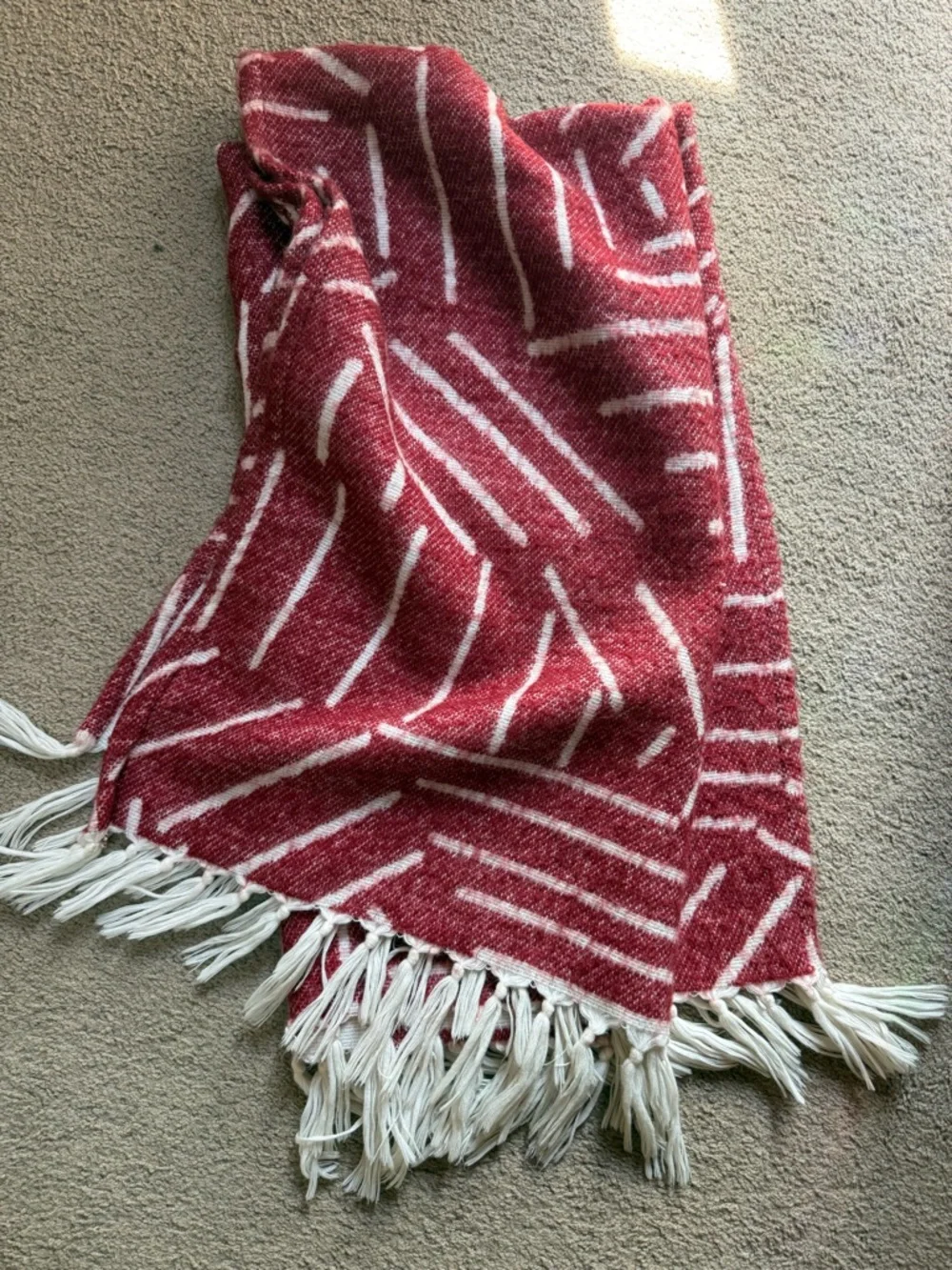 West Elm Red and Cream Striped Fringe Throw